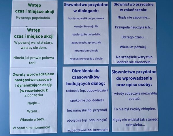 Opowiadanie twórcze – przydatne słownictwo – kolorowe karty A4