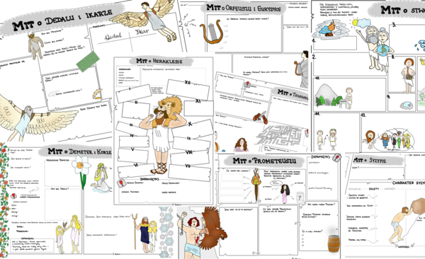Mitologia - 8 kart (pustych i uzupełnionych)