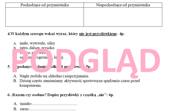 Kartkówka z przysłówka dla klas 4-6