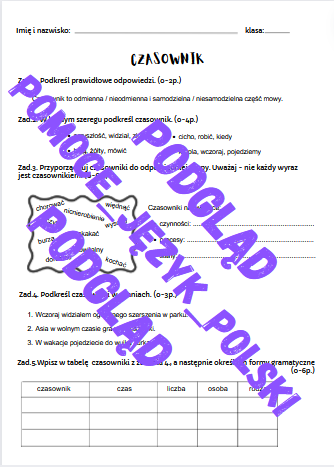 Czasownik / części mowy / sprawdzian / kartkówka / karta pracy / KLUCZ ODPOWIEDZI
