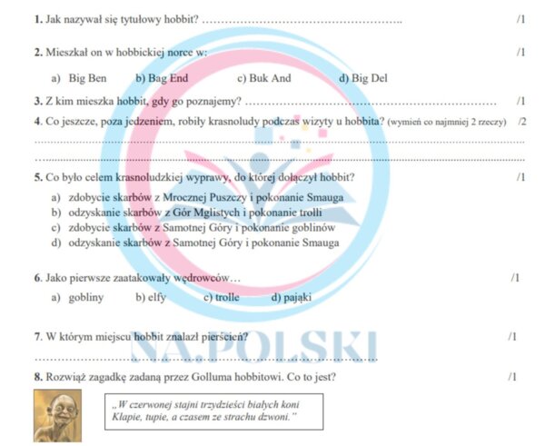 "Hobbit" - kartkówka ze znajomości lektury