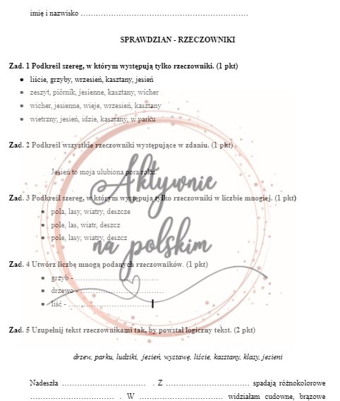Sprawdzian/karta pracy- rzeczowniki