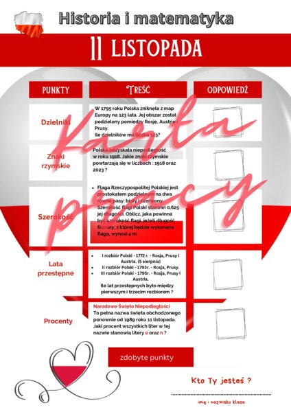 11 listopada - matematyczna karta pracy