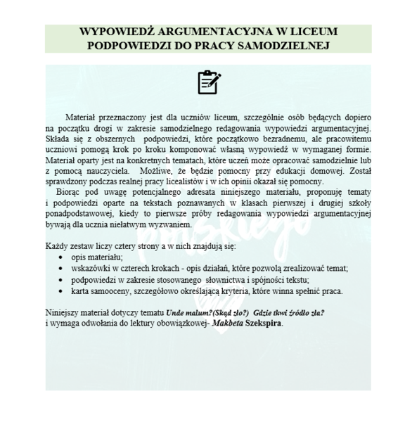 WYPOWIEDŹ ARGUMENTACYJNA W LICEUM PODPOWIEDZI DO PRACY SAMODZIELNEJ Makbet