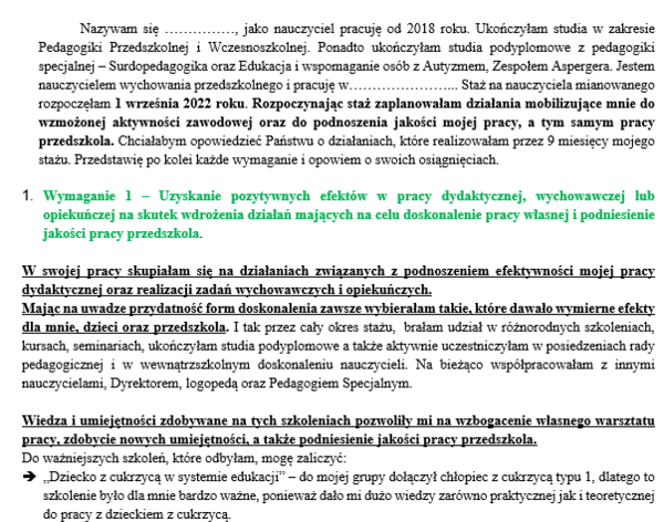 Prezentacja dorobku zawodowego - przemowa na egzamin na nauczyciela mianowanego przedszkole