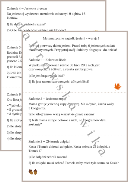 Matematyczne zagadki jesieni - wersja 1 (łatwiejsza)