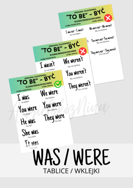 Angielski - was / were - Past Simple - powtórka - tablice - wklejki - do zalaminowania