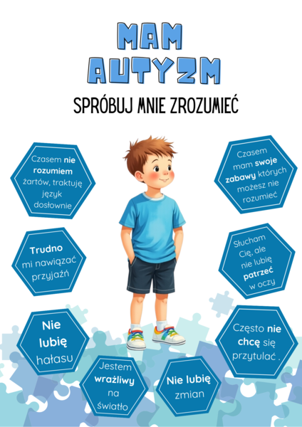 Plakat na Światowy Dzień Świadomości Autyzmu/ Mam autyzm spróbuj mnie zrozumieć