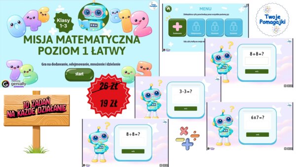 Misja matematyczna 4 działania gra genially- Poziom Łatwy (Klasy 1–3)
