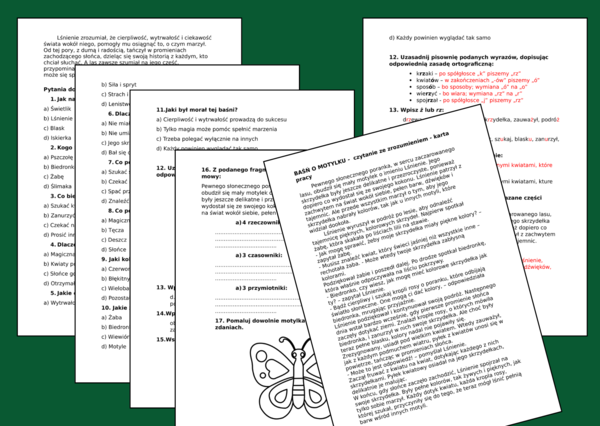 📚📝 BAŚŃ O MOTYLKU – wiosna – CZYTANIE ZE ZROZUMIENIEM – kl. 4 + odpowiedzi