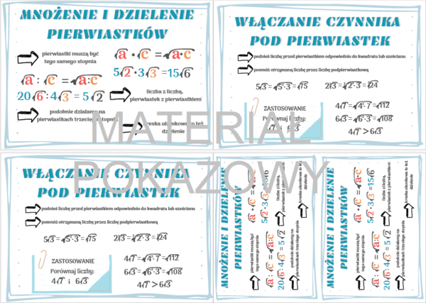 Działania na pierwiastkach - plansza, gazetka, wklejka