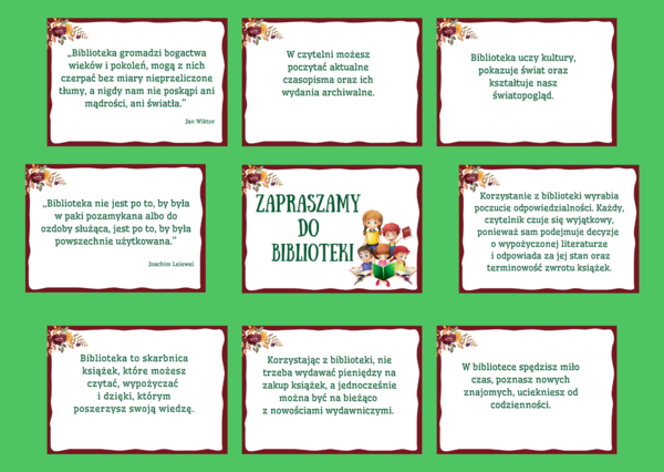 ZAPRASZAMY DO BIBLIOTEKI - biblioteka - gazetka – zalety biblioteki - cytaty – wersja 2