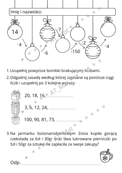 Karta pracy dla klasy 4 na Mikołajki lub Święta