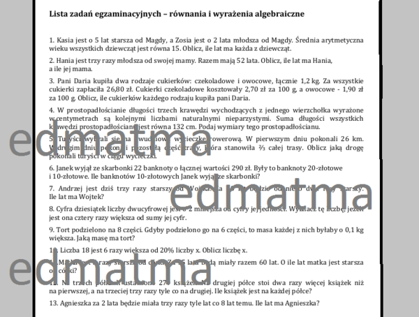 E8 - zadania egzaminacyjne - równania i wyrażenia algebraiczne