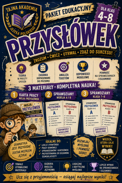 Przysłówek – MEGA PAKIET kl. 4–8 | karta pracy + sprawdziany A i B + odpowiedzi