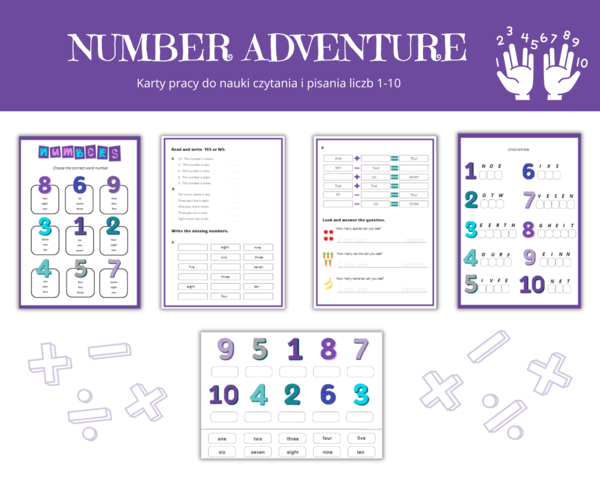 Number Advenure 1-10 - zestaw do nauki liczb 1-10 po angielsku, czytanie, pisanie, dodawanie i odejmowane w zakresie 10, karty pracy, karty obrazkowe, karty wyrazowe , numbers,