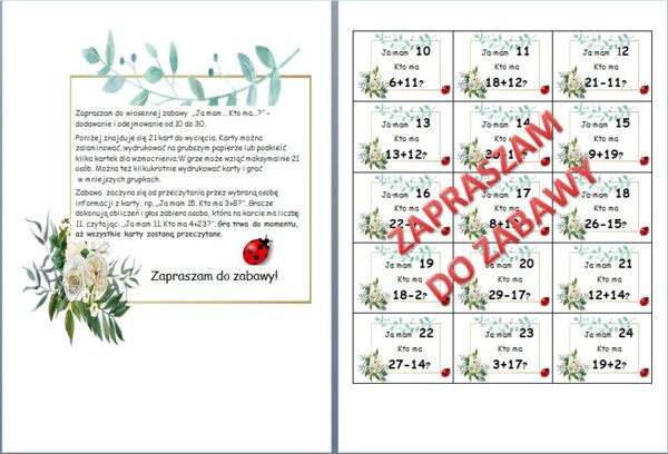 ?Dodawanie i odejmowanie w zakresie 10-30. ?Gra "ja mam... kto ma...".