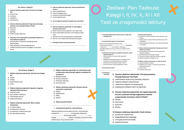 Zestaw testów - Pan Tadeusz. Księgi I, II, IV, X, XI, XII