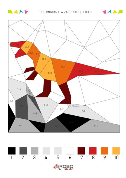 Kolorowanka matematyczna, odejmowanie od 1 do 10, dzień dinozaura, prehistoria, matematyka i sztuka.