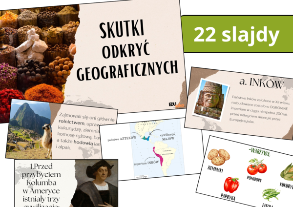 Prezentacja multimedialna- Skutki wielkich odkryć geograficznych, zgodna z podstawą programową, możliwość edycji