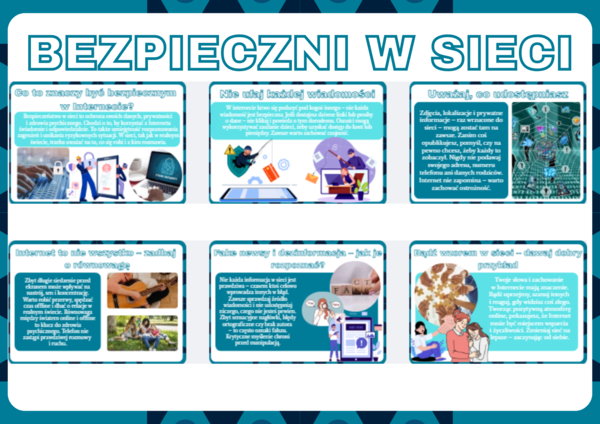 Gazetka szkolna- BEZPIECZNI W SIECI- Napis + 11 kolorowych kart A4 PDF - całoroczne