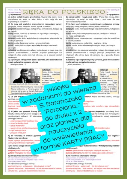 Wklejka z zadaniami i słownictwem dla uczniów. Stanisław Barańczak „Jeżeli porcelana…”
