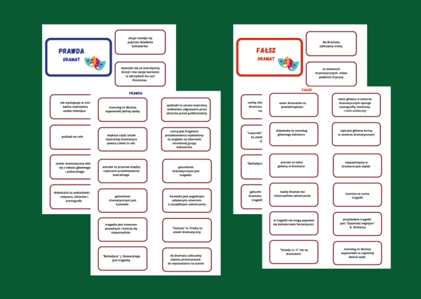 DRAMAT - prawda/fałsz - 46 fiszek- rodzaje literackie - powtórka