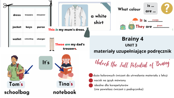 Brainy 4, unit 3, materiały dodatkowe, ubrania, whose ...? this/that/these/those