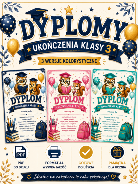 Dyplomy ukończenia klasy 3 – gotowe do druku | 3 wersje PDF 🎓✨