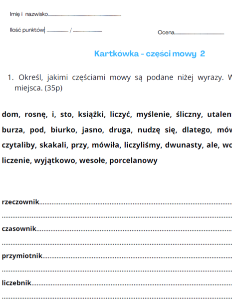 Części mowy - kartkówka, egzamin ósmoklasisty, klasa 6