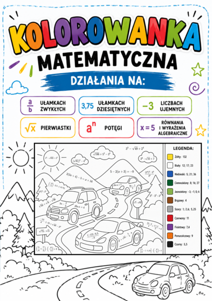 🚗 Kolorowanka matematyczna – samochody | Klasa 7 | Potęgi, pierwiastki, ułamki, równania i wyrażenia algebraiczne