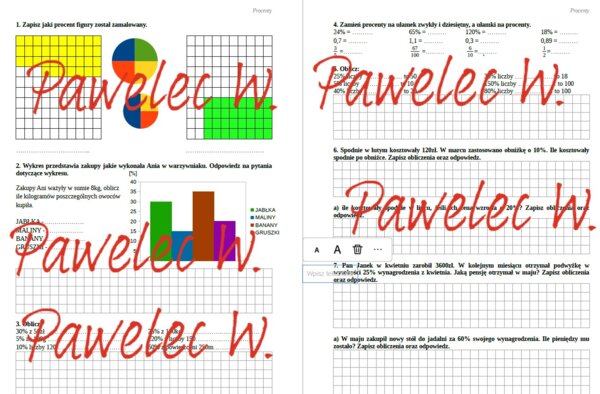 PROCENTY kl. 6 - karta pracy, sprawdzian - przykłady, zamiana, zadania tekstowe + odpowiedzi