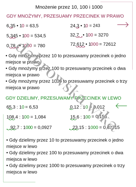 Mnożenie i dzielenie przez 10, 100 i 1000 - notatka