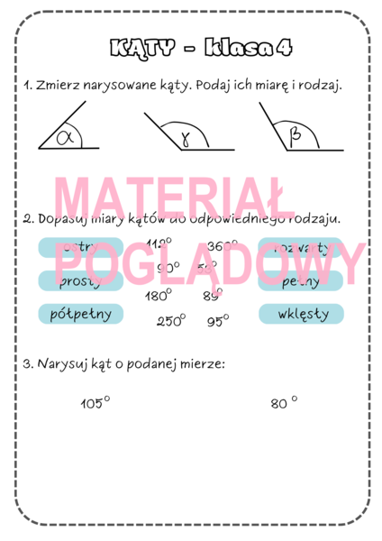 KĄTY - karta pracy lub kartkówka (wersja dla klasy 4)