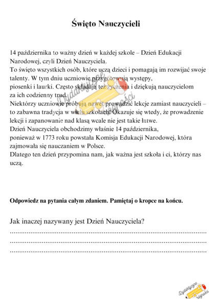 Dzień nauczyciela kl. 2-3. Czytanie ze zrozumieniem, pytania, kolejność alfabetyczna, czytanie wspak, zadanie graficzne.