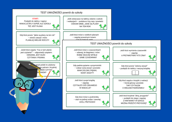 Powrót do szkoły - TEST NA UWAŻNOŚĆ – 30 karteczek do zabawy klasowej - język polski - zajęcia z wychowawcą - klasy 4-6