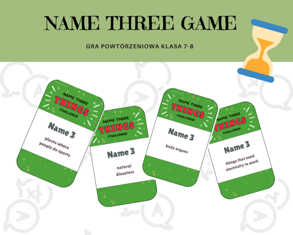 Name three – wymień trzy, gra powtórzeniowa dla klas 7-8 szkoły podstawowej w stylu 5 sekund, język angielski, 70 pytań, słownictwo,