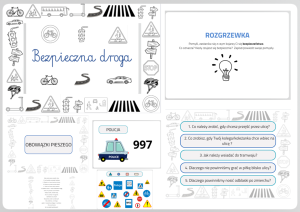 BEZPIECZNA DROGA - prezentacja PDF/tablice demonstracyjne/karty pracy + ĆWICZENIA