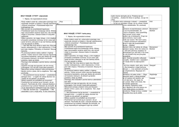 "MAŁY KSIĄŻĘ" - cytaty - powtórka - egzamin - KARTA PRACY - sprawdzian - kartkówka + odpowiedzi
