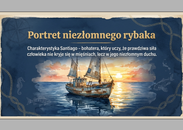 🐟Santiago – prezentacja (15 slajdów) - charakterystyka bohatera z książki "Stary człowiek i morze"