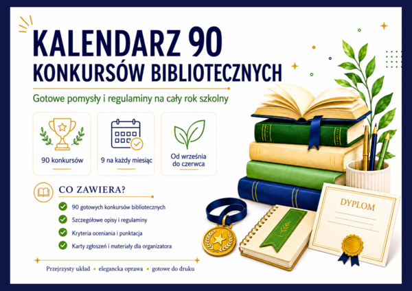 🌹KALENDARZ 90 KONKURSÓW BIBLIOTECZNYCH - Gotowe pomysły i szczegółowe regulaminy na cały rok szkolny