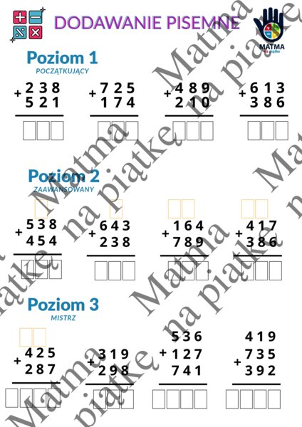 Dodawanie pisemne/Karta pracy/Klasa 4 SP./ Klasa 5 SP./ Klasa 6 SP.