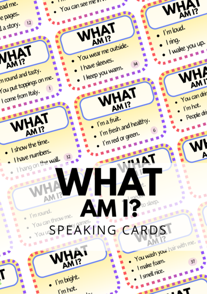 WHAT AM I? - 100 Speaking Cards - gra językowa - karty do mówienia - zagadki - zgadnij - angielski -warm - up - ice - breaker - mówienie - A2 - B1