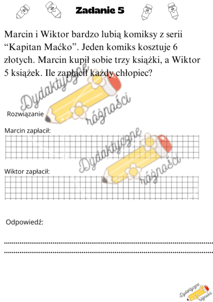 Mnożenie w zakresie 50. Zadania z treścią w wersji normalnej i rozbudowanej dla uczniów szybciej pracujących.