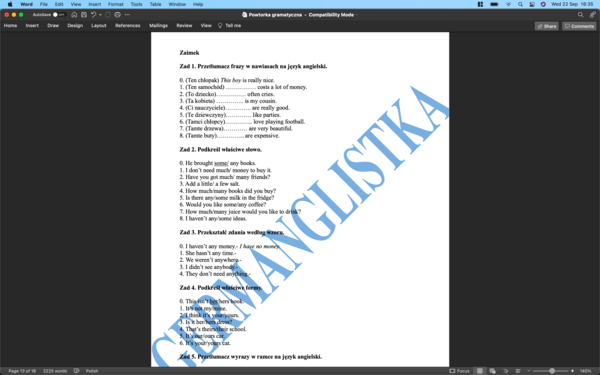 Ćwiczenia powtórzeniowe dla ósmoklasisty (rzeczownik, przymiotnik i przysłówek, przedimek, przyimek, liczebnik, zaimek, czasownik)