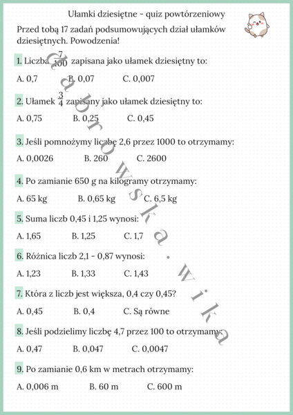 Ułamki dziesiętne - quiz powtórzeniowy