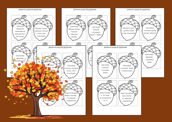🍁Jesienne potyczki językowe 🍂 - ortografia - nauka o języku - jesień - fiszki - gra - 48 zadań