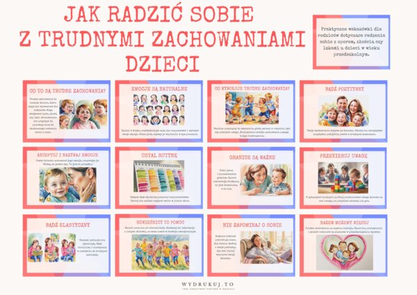 "Jak radzić sobie z trudnymi zachowaniami. Praktyczne wskazówki dla rodziców" - zestaw 20 plakatów - gazetka dla rodziców