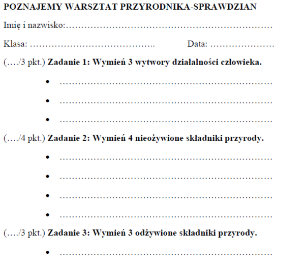 Poznajemy warsztat przyrodnika - sprawdzian