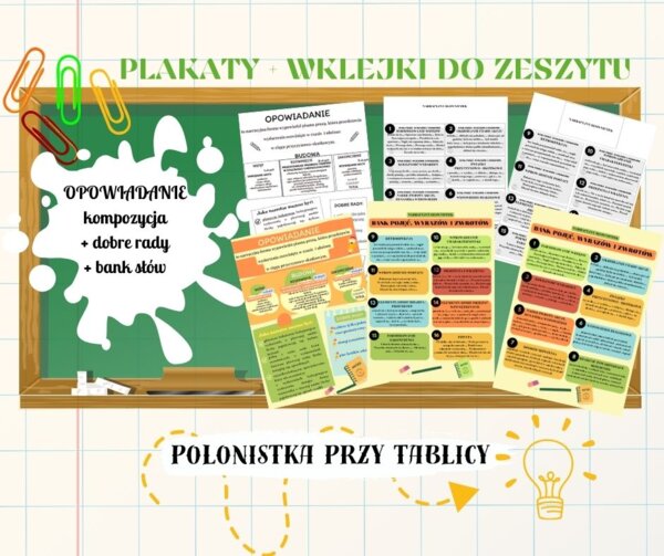 OPOWIADANIE wklejka + plakat - kompozycja, elementy twórcze, bank słówek, dobre rady WERSJA KOLOROWA I CZARNO-BIAŁA